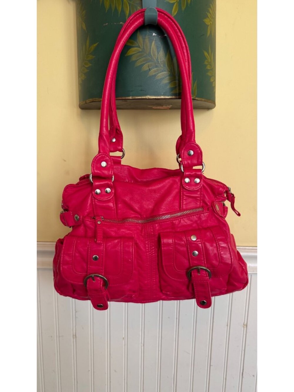Bluebird Hot Pink Faux Leather Shoulder Bag With Buckle Accents Vintage Y2K